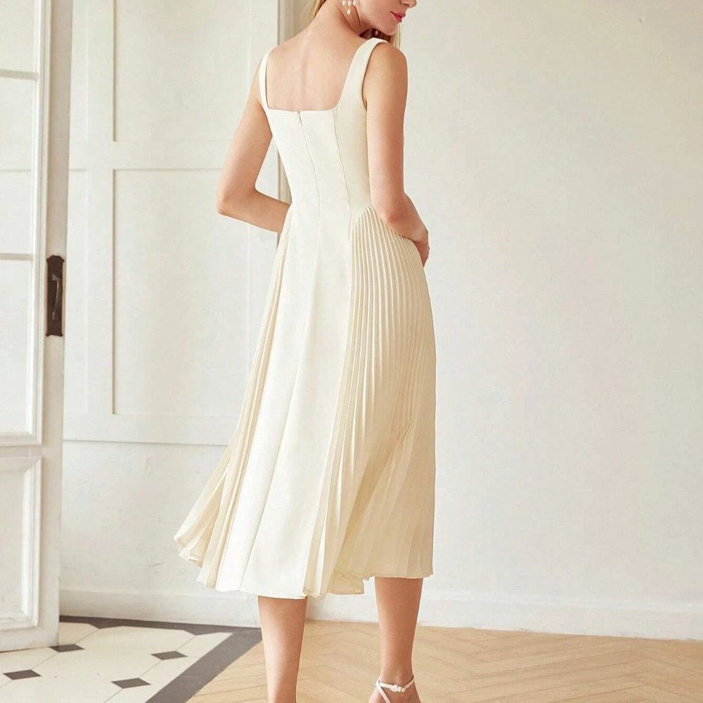 Elegant Corset upper Pleated Midi Dress Beige - Picture 4 of 7